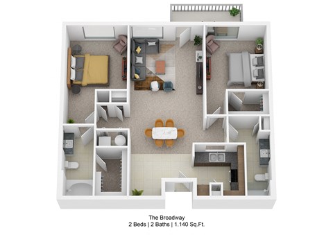 Floor plan for 2 beds, 2 baths, 1140 sqft